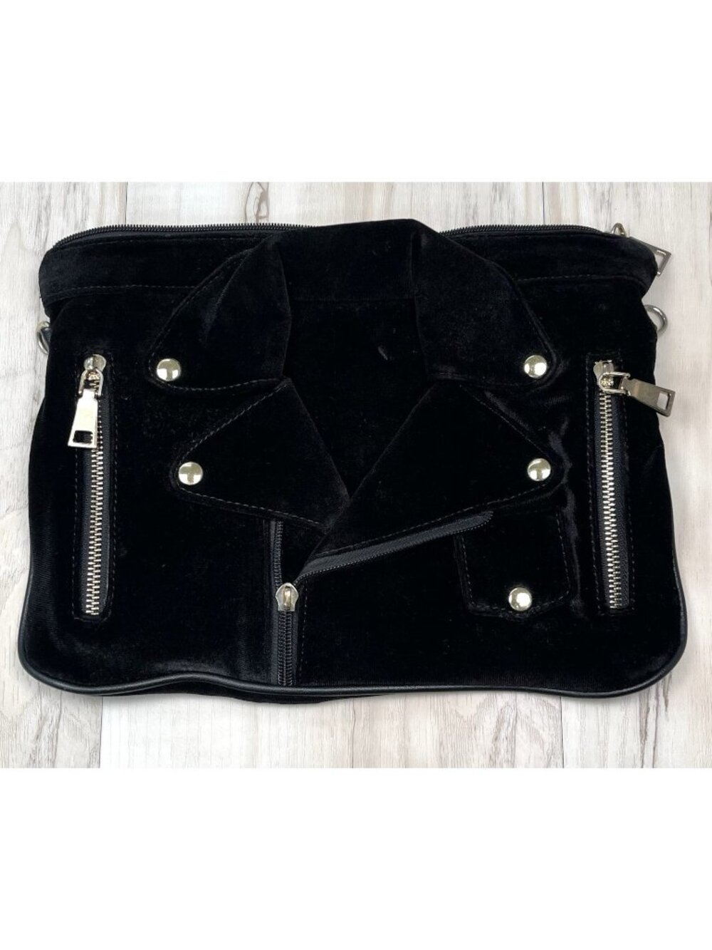 Black Velvet Motorcycle Jacket CLUTCH Handbag Gold Hardware 12"x9" *No Strap*